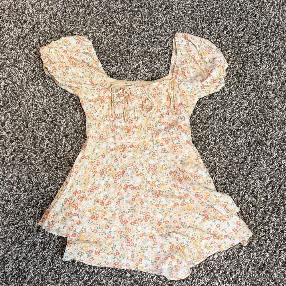 Altar'd State Cream Floral Puff-Sleeve Mini Dress with Pink & Orange Blooms